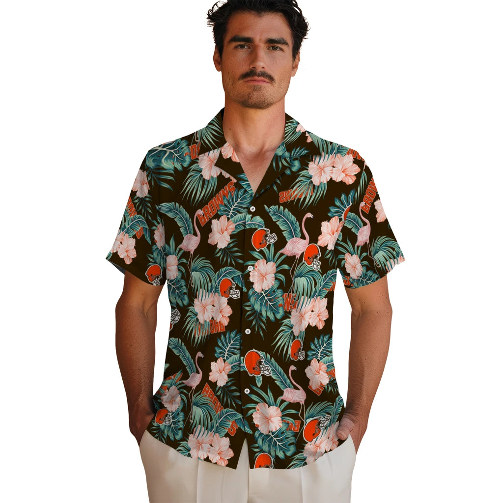 Cleveland Browns Hawaiian Shirt - Flamingo and Hibiscus | Moonbestprint