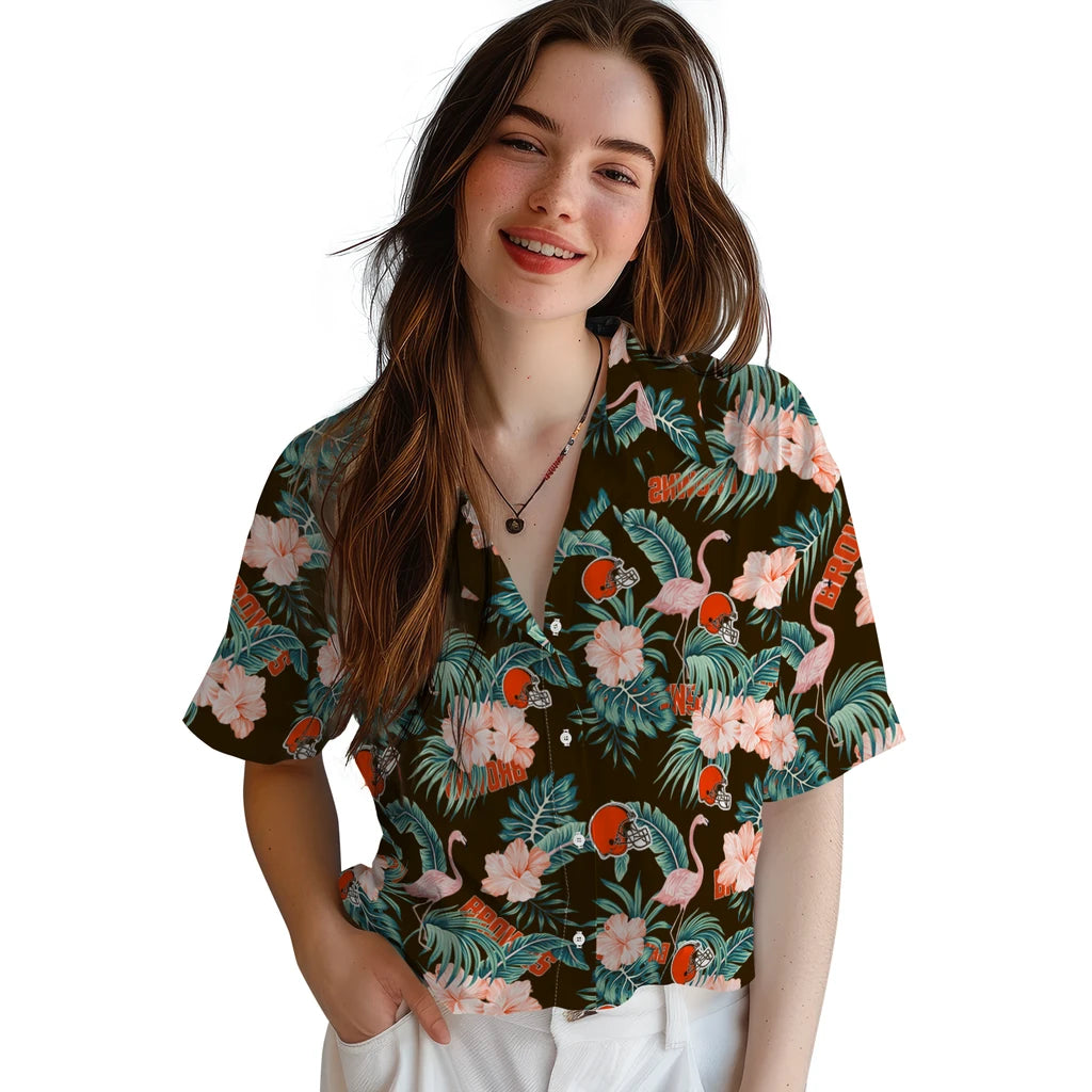 Cleveland Browns Hawaiian Shirt - Flamingo and Hibiscus | Moonbestprint