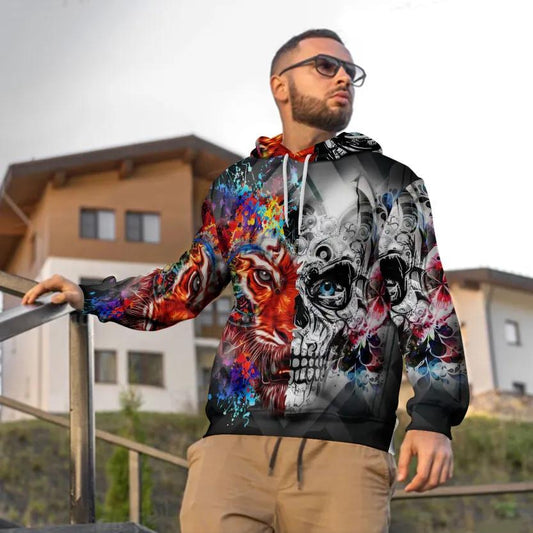 Colorful Tiger Skull 3D All Over Print Hoodie -Moonbestprint