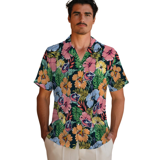 Columbus Blue Jackets Hawaiian Shirt - Brilliant Hibiscus Garden | Moonbestprint