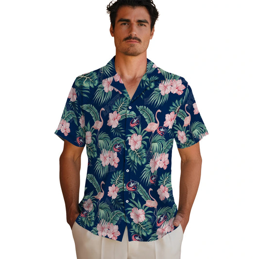 Columbus Blue Jackets Hawaiian Shirt - Flamingo and Hibiscus | Moonbestprint