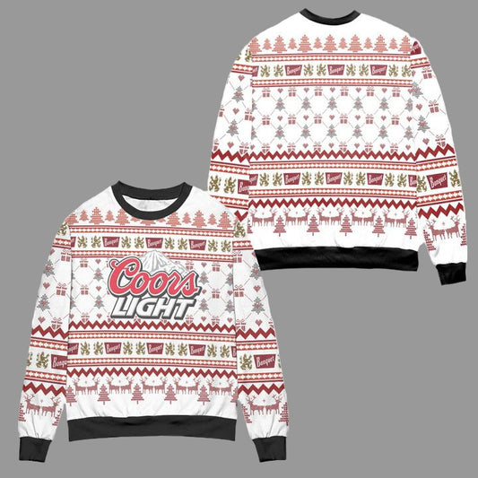 Coors Light Reindeer Pine Tree Pattern Ugly Christmas Sweater ? White ? Usalast