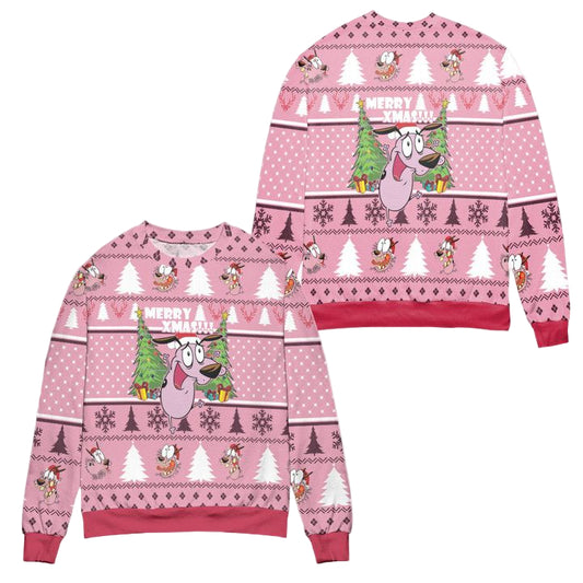 Courage The Cowardly Dog Merry XMas Ugly Christmas Sweater ? Pink ? Usalast