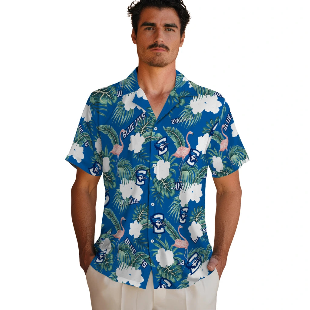 Creighton Bluejays Hawaiian Shirt - Flamingo and Hibiscus | Moonbestprint