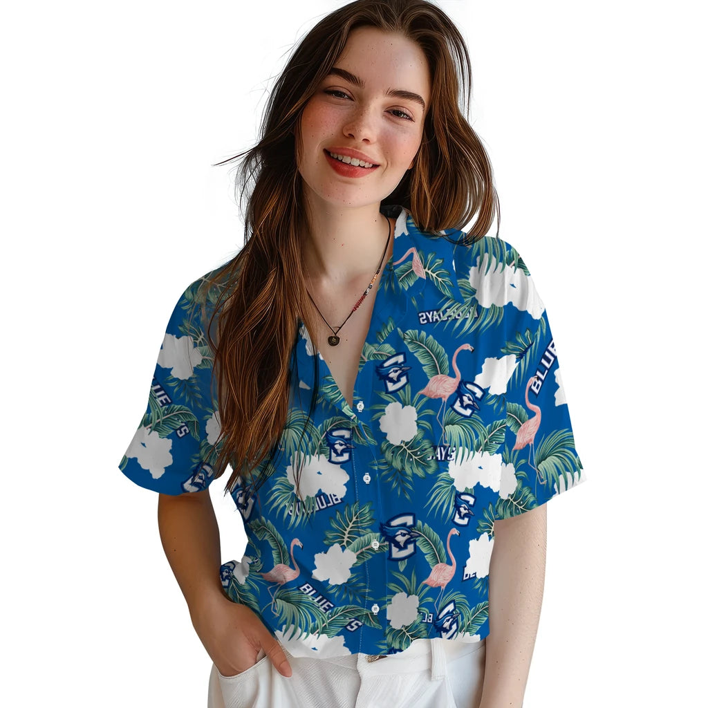 Creighton Bluejays Hawaiian Shirt - Flamingo and Hibiscus | Moonbestprint