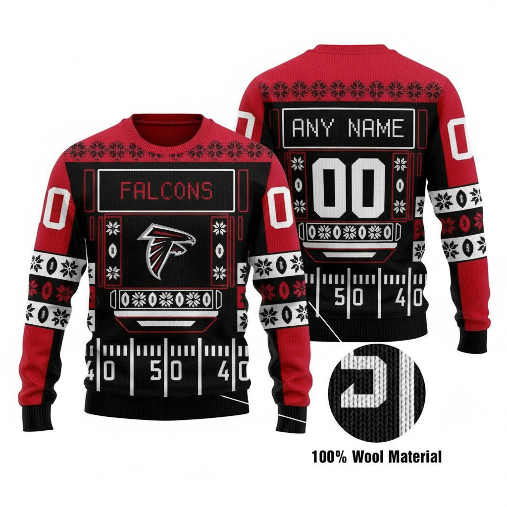 Custom Name Number Nfl Atlanta Falcons Playing Field Ugly Christmas Sweater ? Usalast