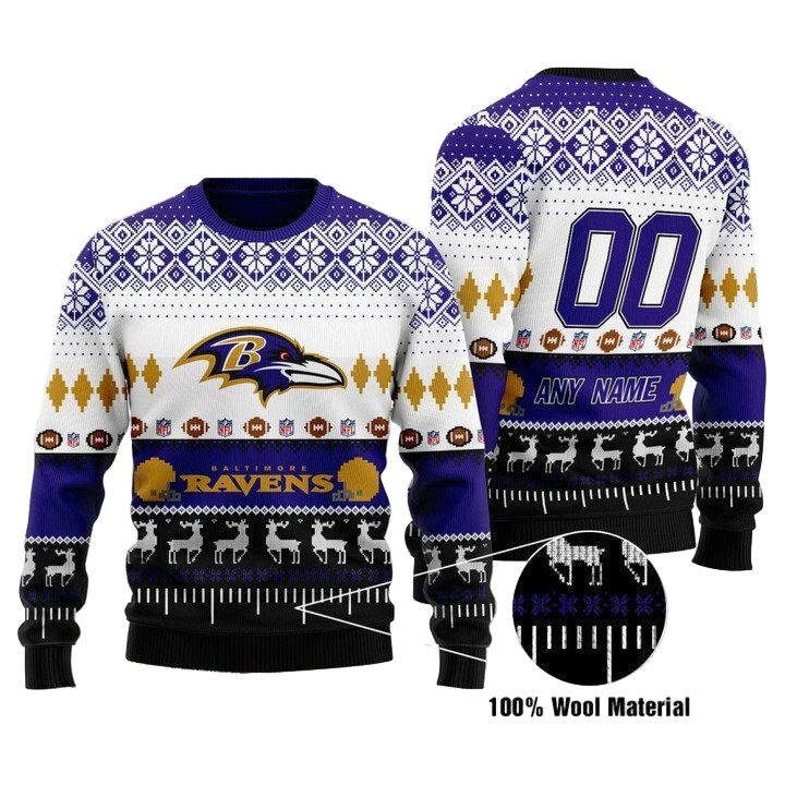 Custom Name Number Nfl Baltimore Ravens Playing Field Ugly Christmas Sweater ? Usalast