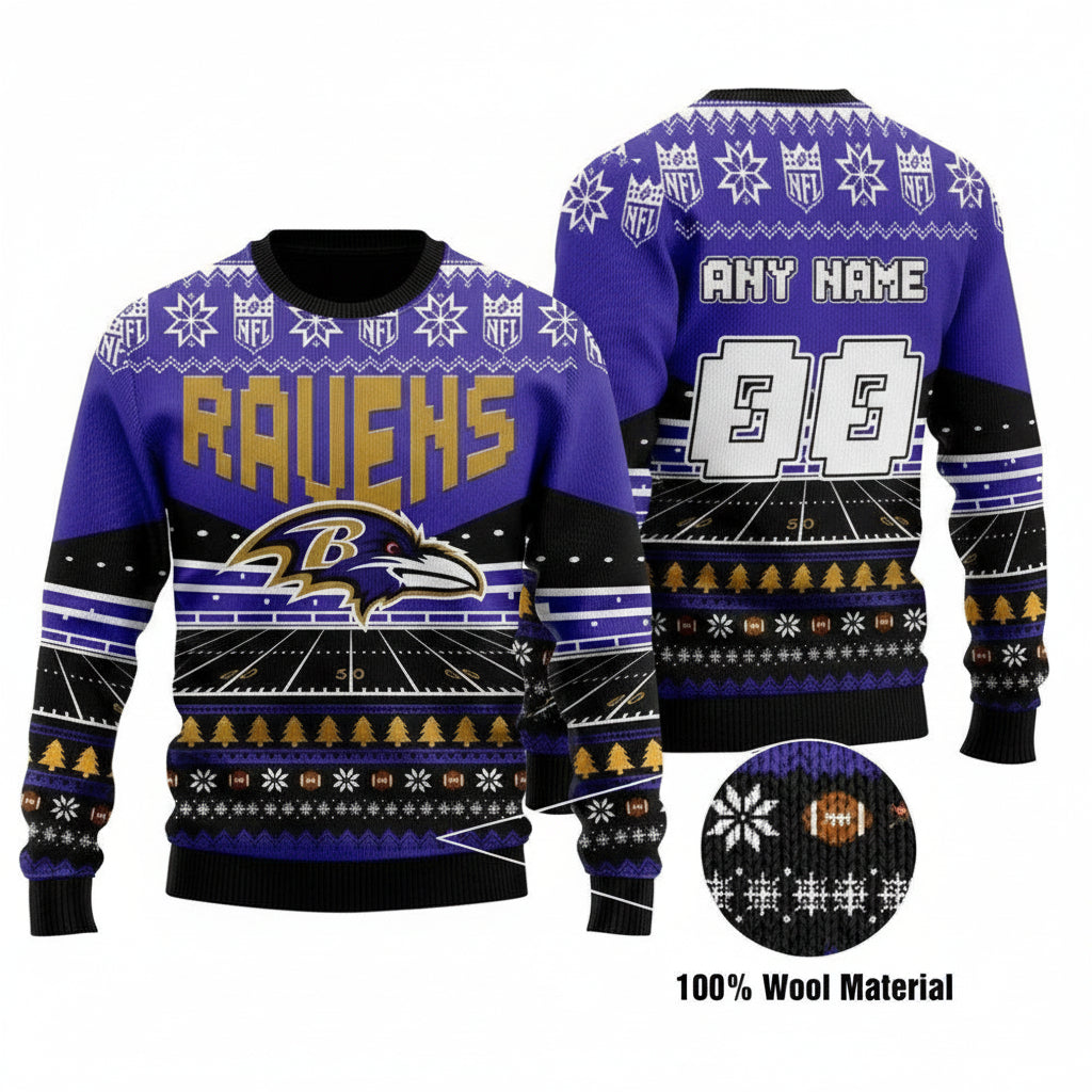 Custom Name Number Nfl Baltimore Ravens Rugby Stadium Ugly Christmas Sweater ? Usalast