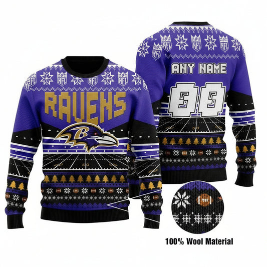 Custom Name Number Nfl Baltimore Ravens Rugby Stadium Ugly Christmas Sweater ? Usalast