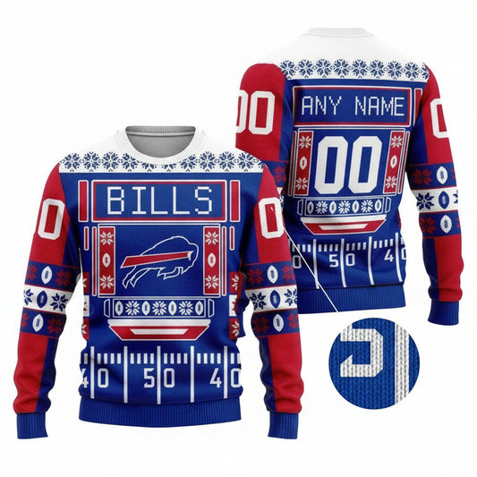 Custom Name Number Nfl Buffalo Bills Playing Field Ugly Christmas Sweater ? Usalast