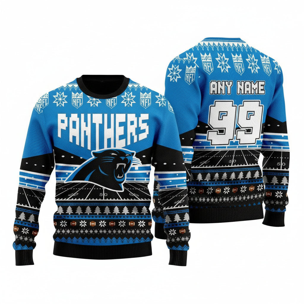 Custom Name Number Nfl Carolina Panthers Rugby Stadium Ugly Christmas Sweater ? Usalast