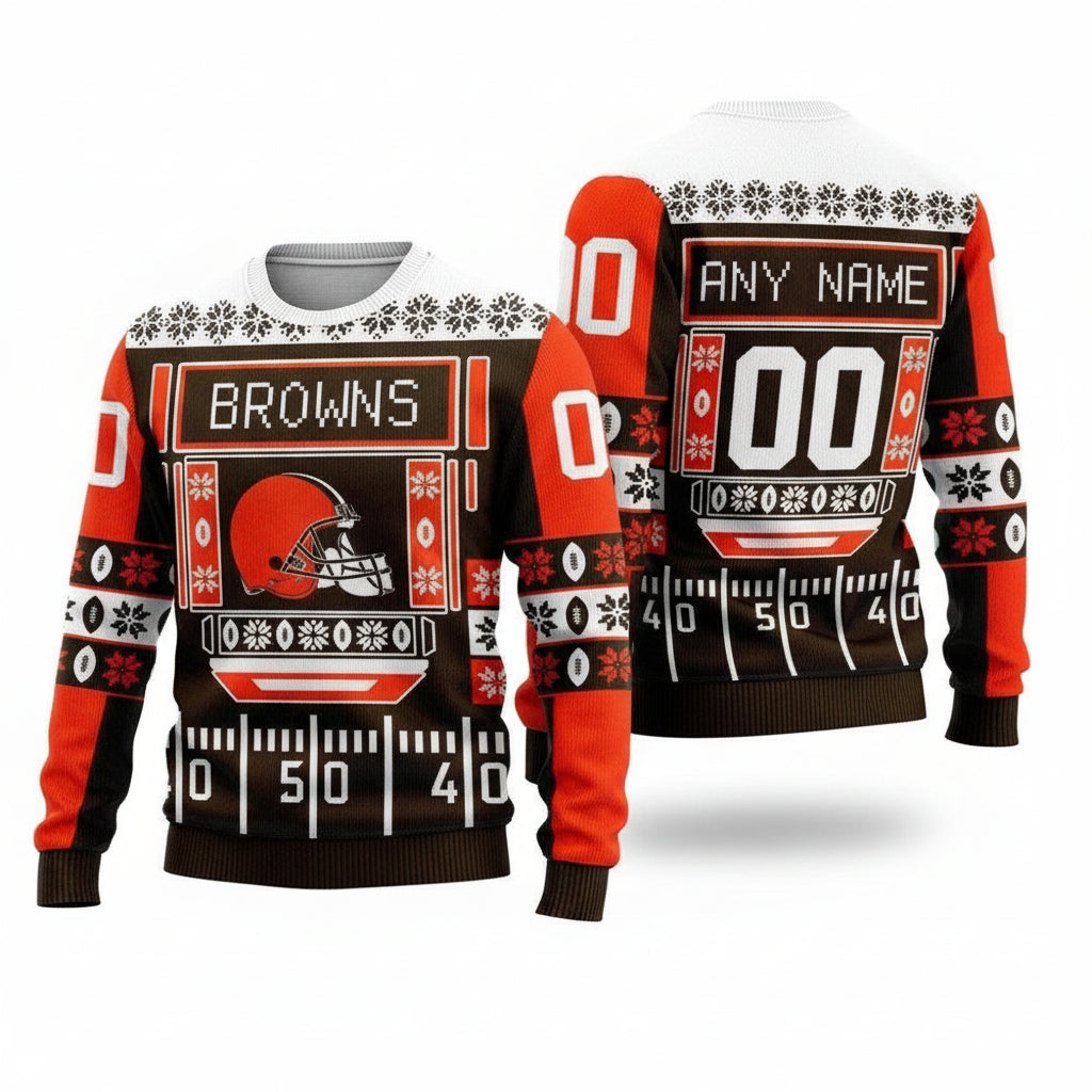 Custom Name Number Nfl Cleveland Browns Playing Field Ugly Christmas Sweater ? Usalast