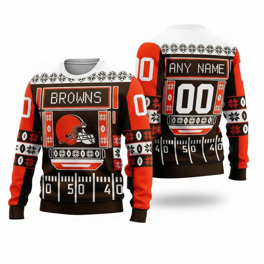 Custom Name Number Nfl Cleveland Browns Playing Field Ugly Christmas Sweater ? Usalast