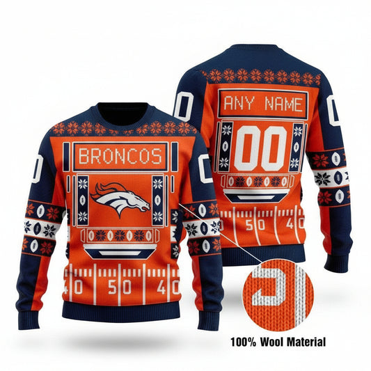 Custom Name Number Nfl Denver Broncos Playing Field Ugly Christmas Sweater ? Usalast