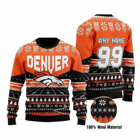 Custom Name Number Nfl Denver Broncos Rugby Stadium Ugly Christmas Sweater ? Usalast