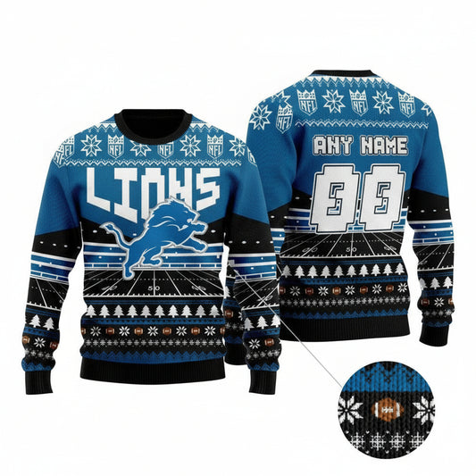 Custom Name Number Nfl Detroit Lions Rugby Stadium Ugly Christmas Sweater ? Usalast