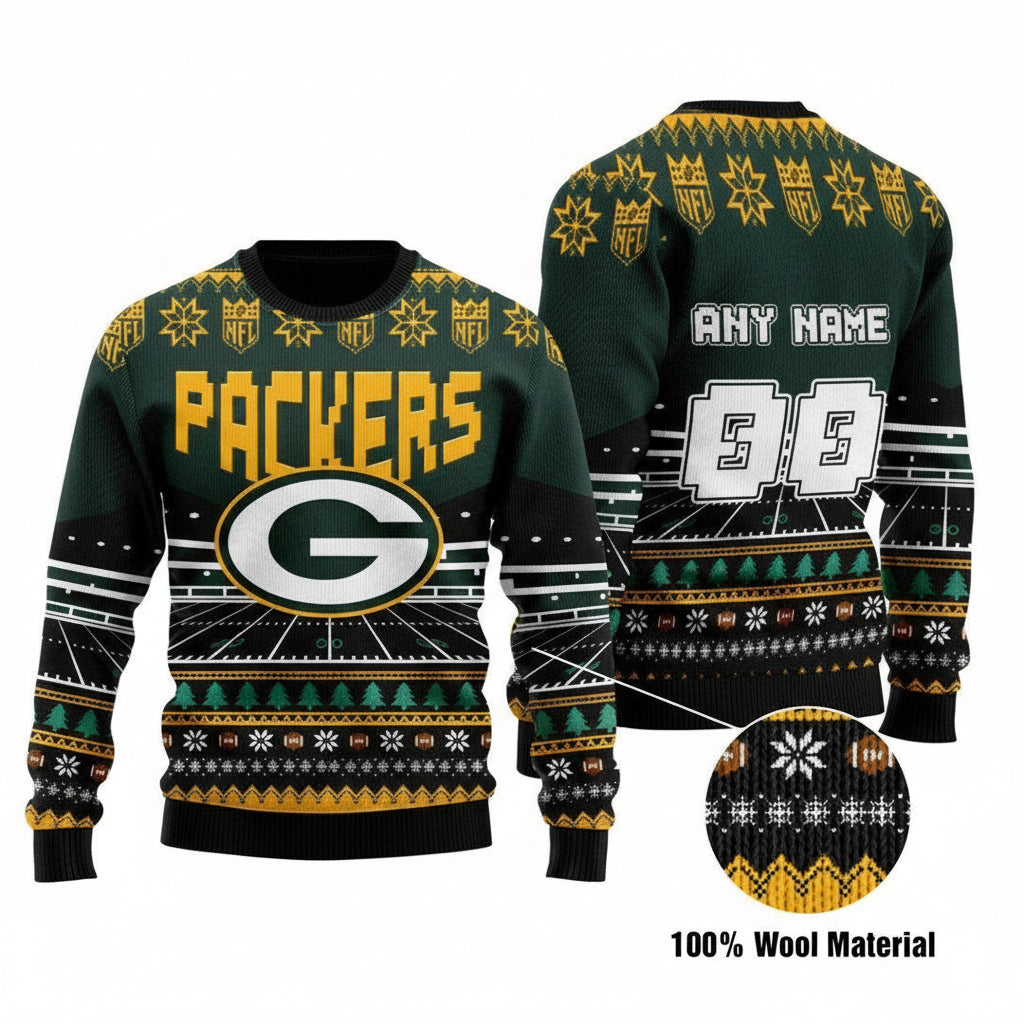Custom Name Number Nfl Green Bay Packers Rugby Stadium Ugly Christmas Sweater ? Usalast