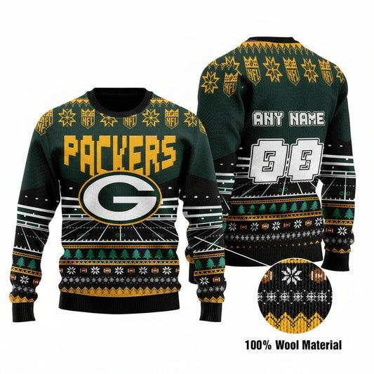 Custom Name Number Nfl Green Bay Packers Rugby Stadium Ugly Christmas Sweater ? Usalast