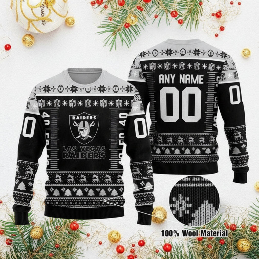 Custom Name Number Nfl Logo Las Vegas Raiders Ugly Christmas Sweater ? Usalast