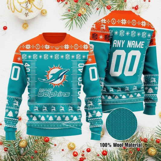Custom Name Number Nfl Logo Miami Dolphins Ugly Christmas Sweater ? Usalast