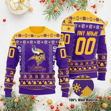 Custom Name Number Nfl Logo Minnesota Vikings Ugly Christmas Sweater ? Usalast