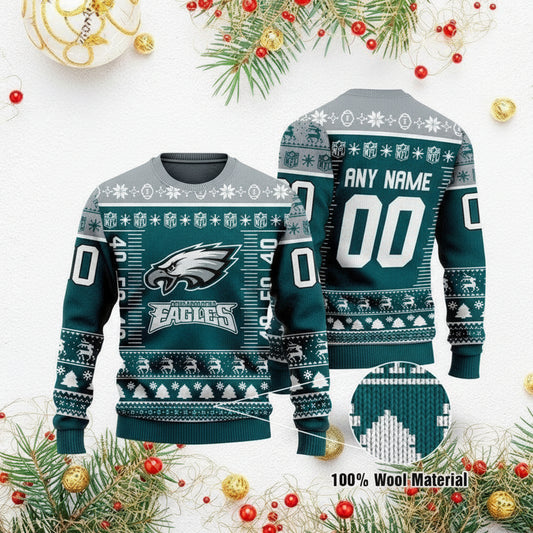 Custom Name Number Nfl Logo Philadelphia Eagles Ugly Christmas Sweater ? Usalast