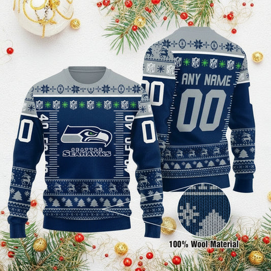 Custom Name Number Nfl Logo Seattle Seahawks Ugly Christmas Sweater ? Usalast