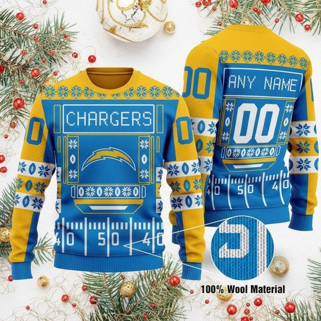 Custom Name Number Nfl Los Angeles Chargers Playing Field Ugly Christmas Sweater ? Usalast