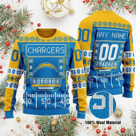 Custom Name Number Nfl Los Angeles Chargers Playing Field Ugly Christmas Sweater ? Usalast