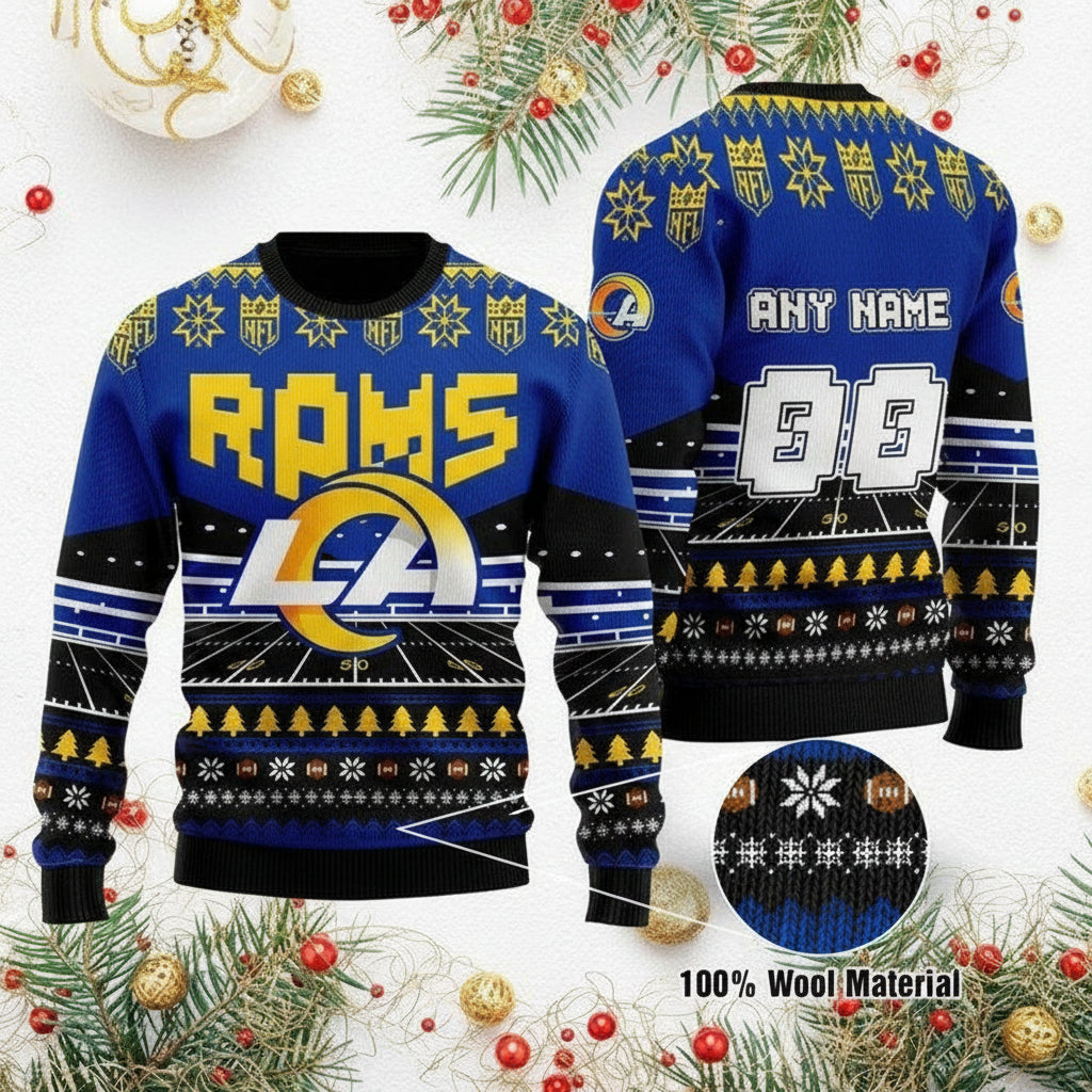 Custom Name Number Nfl Los Angeles Rams Rugby Stadium Ugly Christmas Sweater ? Usalast