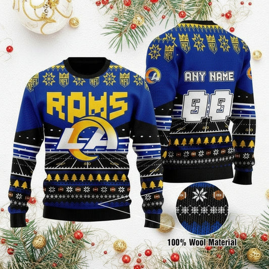 Custom Name Number Nfl Los Angeles Rams Rugby Stadium Ugly Christmas Sweater ? Usalast
