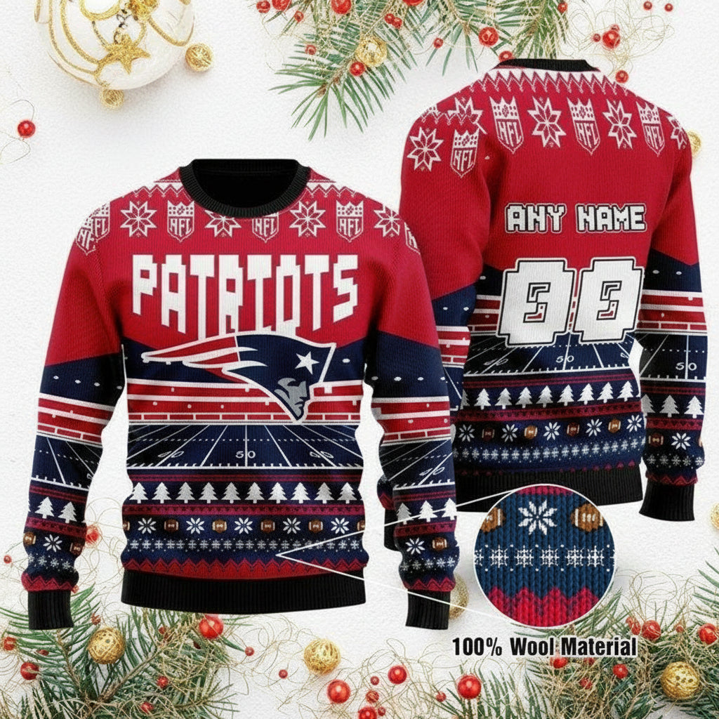 Custom Name Number Nfl New England Patriots Rugby Stadium Ugly Christmas Sweater ? Usalast