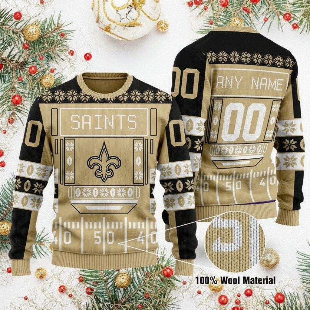 Custom Name Number Nfl New Orleans Saints Playing Field Ugly Christmas Sweater ? Usalast