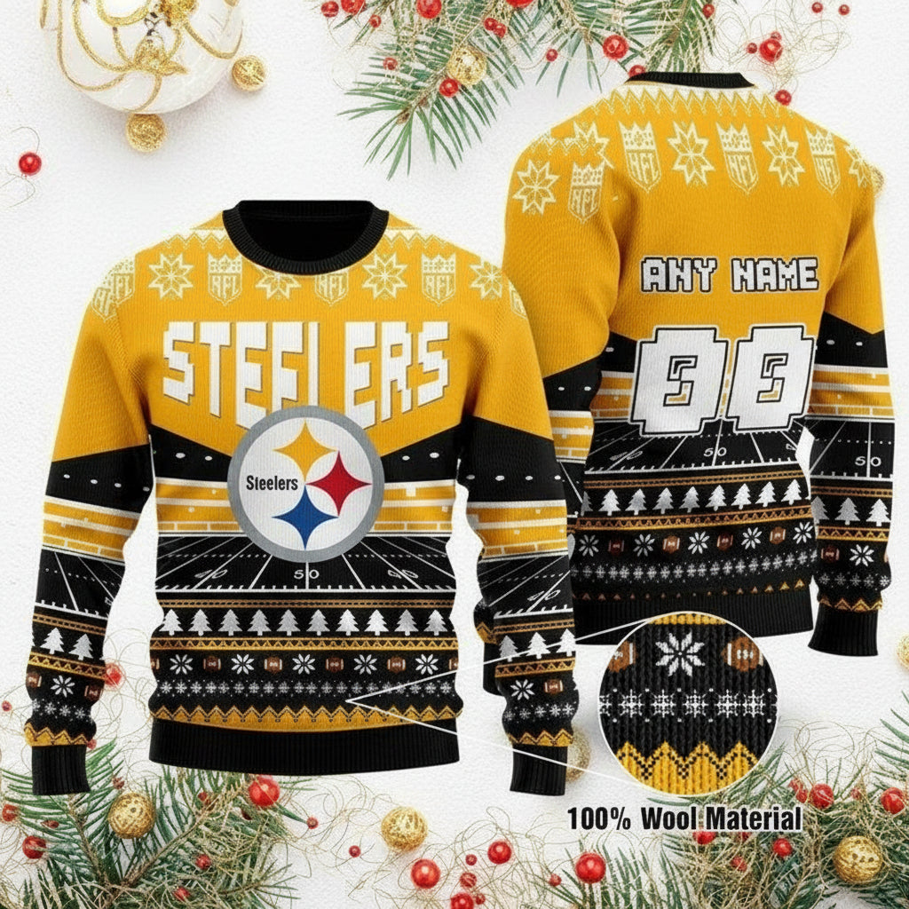 Custom Name Number Nfl Pittsburgh Steelers Rugby Stadium Ugly Christmas Sweater ? Usalast