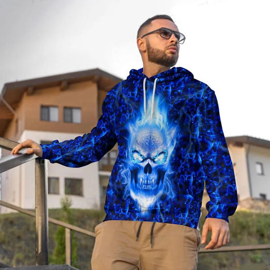 Dark Blue Flame Skull 3D All Over Print Hoodie -Moonbestprint