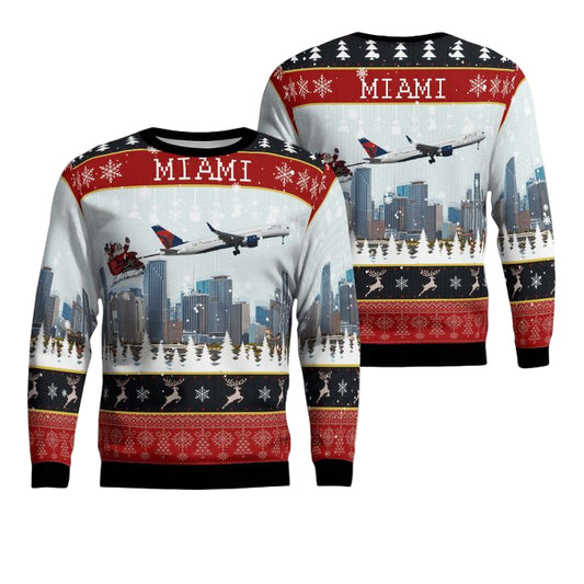 Delta Air Lines Boeing 757-232 With Santa Over Miami Christmas AOP Sweater ? 0O71 ? Usalast