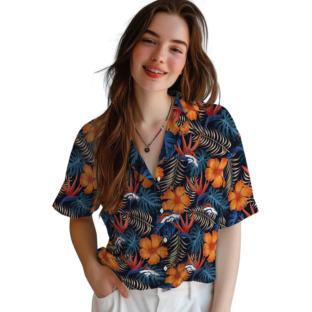 Denver Broncos Hawaiian Shirt - Hibiscus Foliage | Moonbestprint