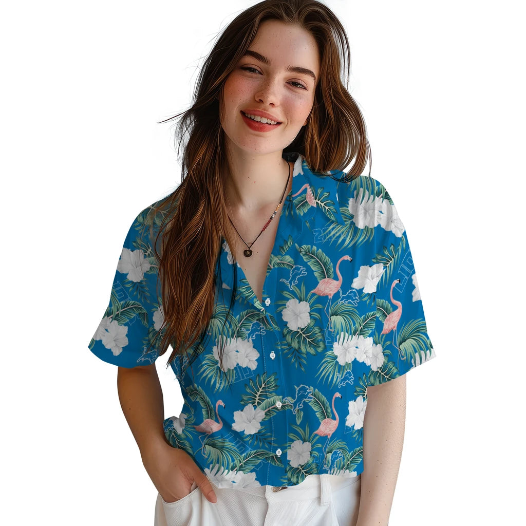 Detroit Lions Hawaiian Shirt - Flamingo and Hibiscus | Moonbestprint