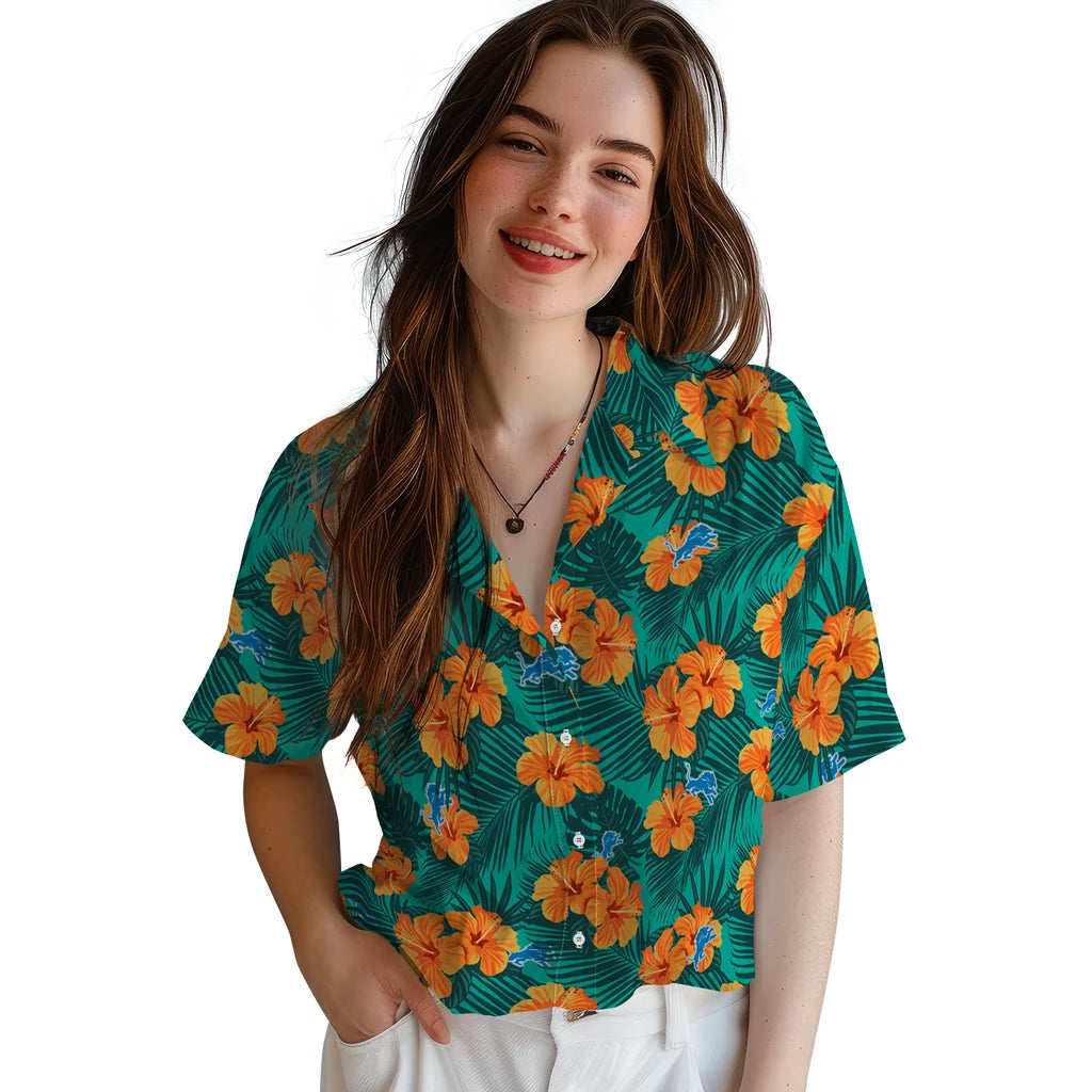 Detroit Lions Hawaiian Shirt - Hibiscus and Palm Leaves | Moonbestprint