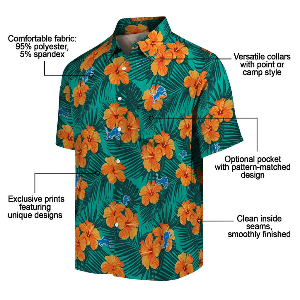 Detroit Lions Hawaiian Shirt - Hibiscus and Palm Leaves | Moonbestprint