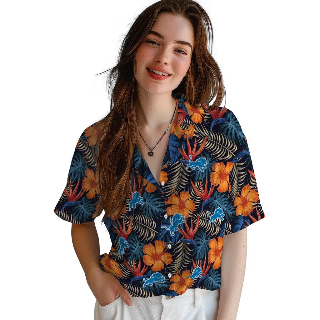 Detroit Lions Hawaiian Shirt - Hibiscus Foliage | Moonbestprint