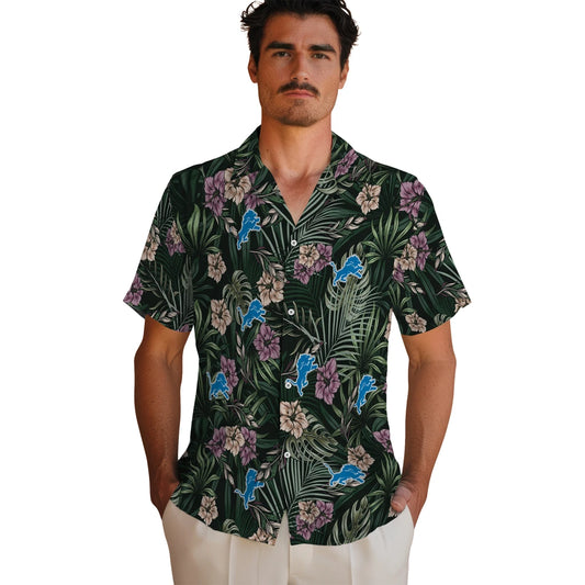 Detroit Lions Hawaiian Shirt - Hibiscus Leaves Pattern | Moonbestprint