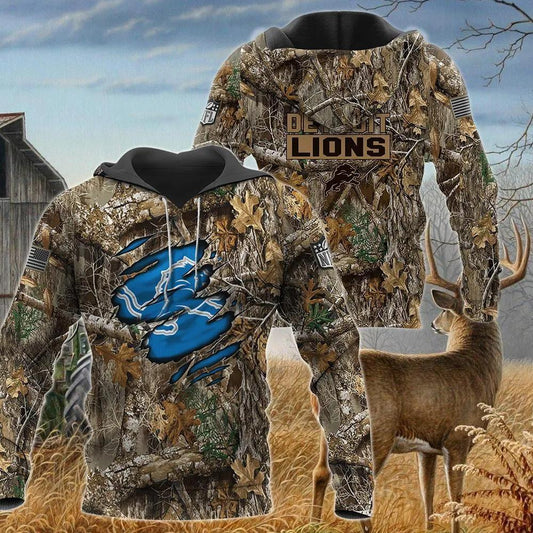 Detroit Lions Realtree Hunting Camo NFL 3D All Over Print Hoodie -Moonbestprint