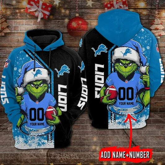 Detroit Lions The Grinch Personalized Christmas NFL 3D All Over Print Hoodie -Moonbestprint