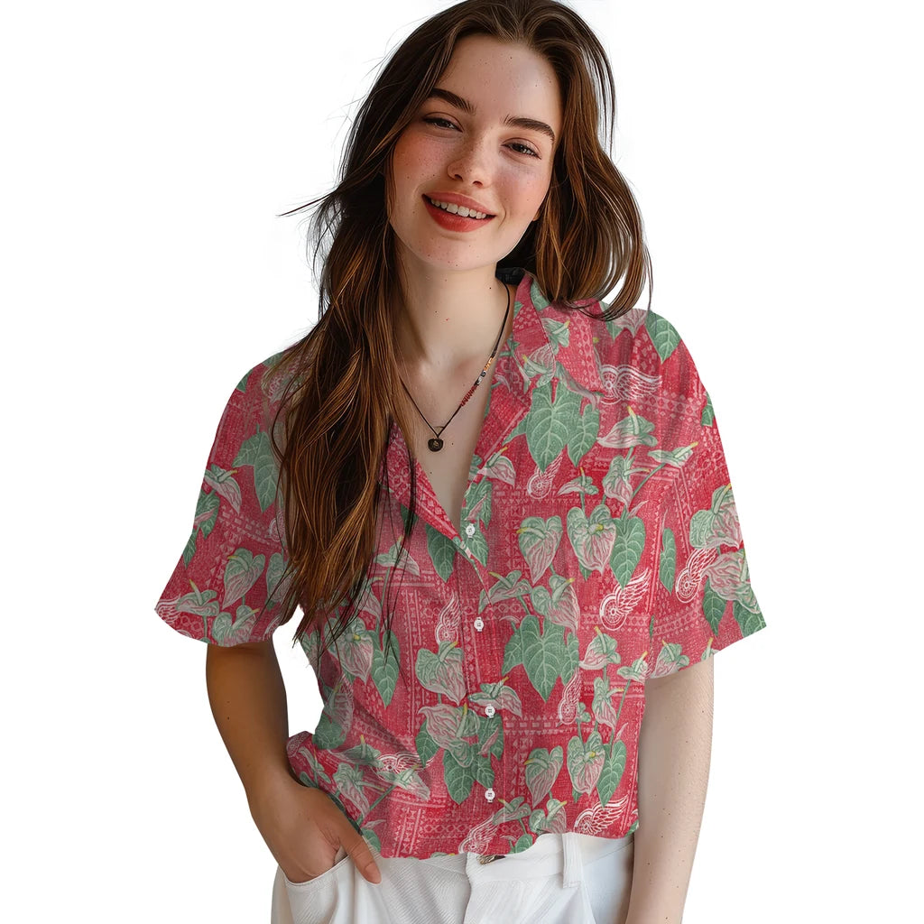 Detroit Red Wings Hawaiian Shirt - Anthurium Overlay | Moonbestprint
