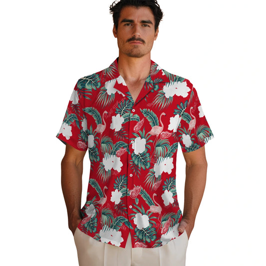 Detroit Red Wings Hawaiian Shirt - Flamingo and Hibiscus | Moonbestprint