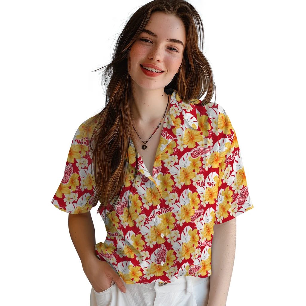 Detroit Red Wings Hawaiian Shirt - Hibiscus Tropics | Moonbestprint