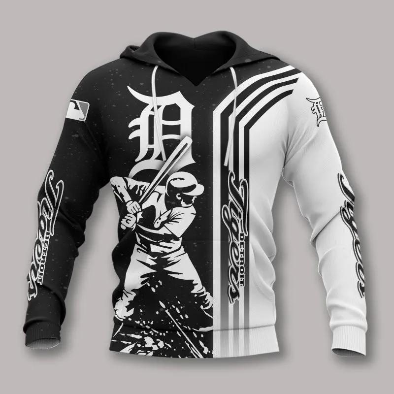 Detroit Tigers Black And White MLB All Over Print Hoodie -Moonbestprint