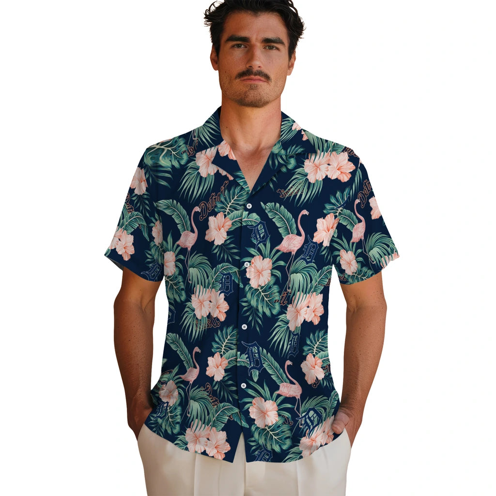 Detroit Tigers Hawaiian Shirt - Flamingo and Hibiscus | Moonbestprint