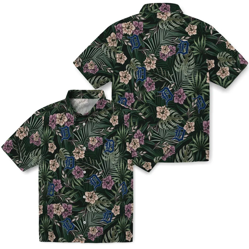 Detroit Tigers Hawaiian Shirt - Hibiscus Leaves Pattern | Moonbestprint